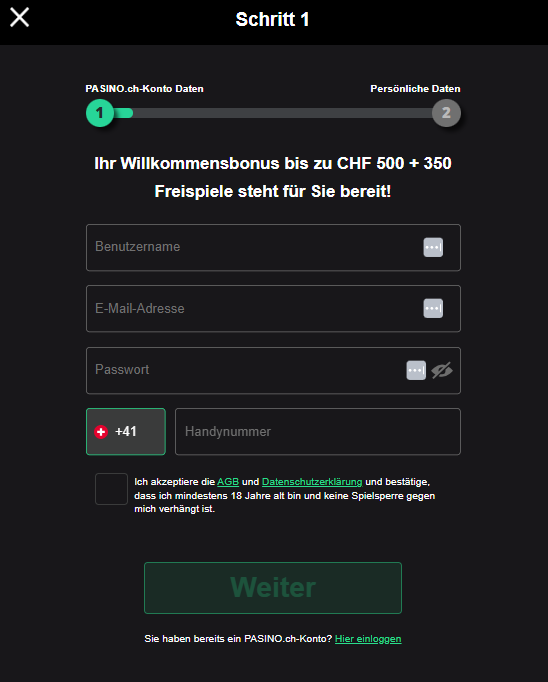 PASINO CH Registrieren